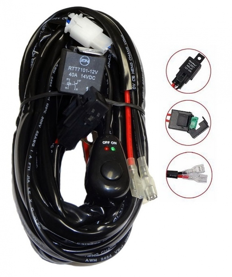 Reläkabelsats 40A med strömbrytare, för LED-ramper och extraljus Reläkabelsats 40A med strömbrytare, för LED-ramper och extraljus