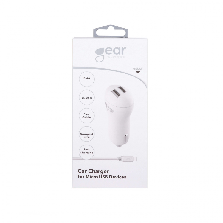 GEAR Laddare 12-24V 2xUSB 2,4A Vit MicroUSB Kabel Rund 1m GEAR Laddare 12-24V 2xUSB 2,4A Vit MicroUSB Kabel Rund 1m