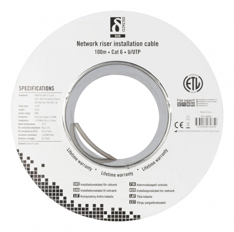 DELTACO U/UTP Cat6 riser installationskabel, 100m trumma, 250MHz, Delt