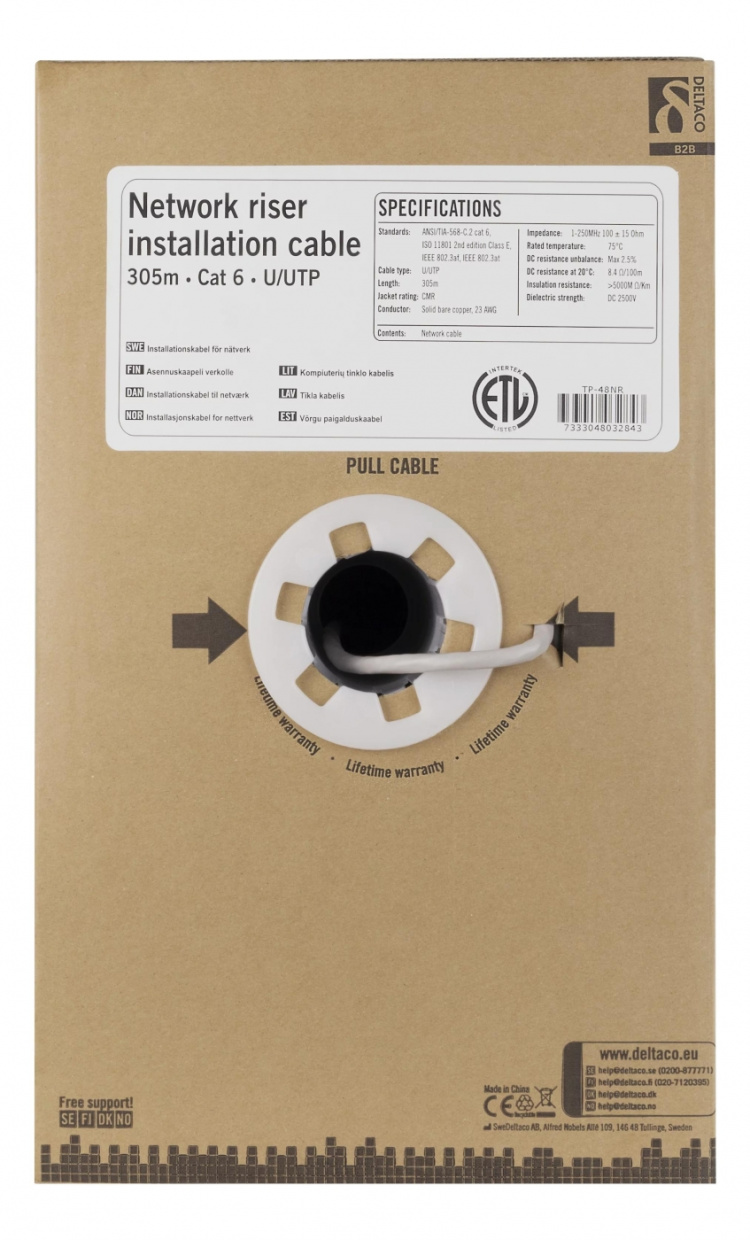 DELTACO U/UTP Cat6 riser installationskabel, 305m box, 250MHz, Delta-c DELTACO U/UTP Cat6 riser installationskabel, 305m box, 250MHz, Delta-c