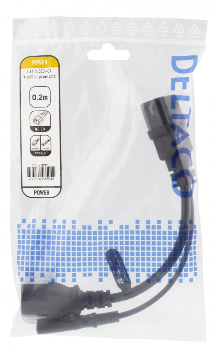 DELTACO Apparatkabel C14 till C13+C7, 20 cm, svart