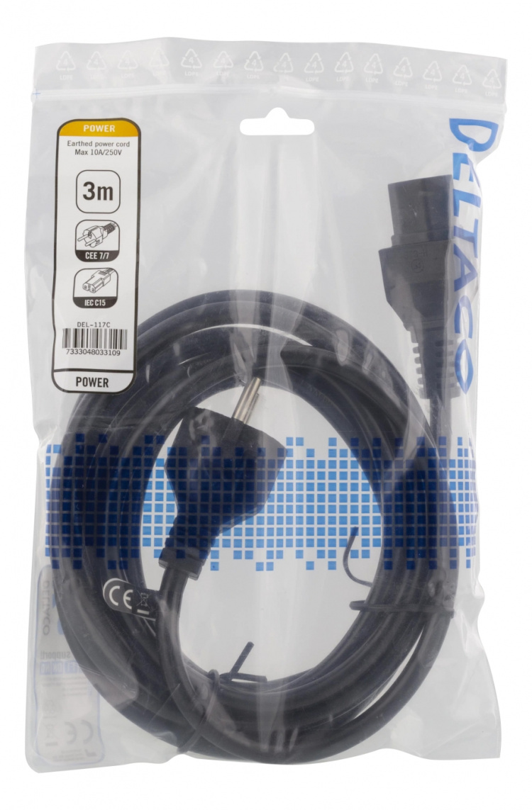 DELTACO apparatkabel IEC 60320 C15 - CEE 7/7, 3m, svart