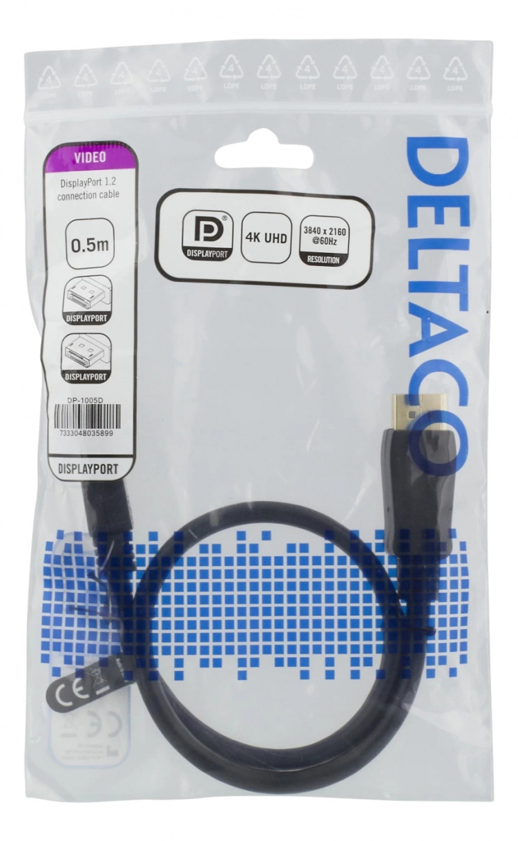 DELTACO DisplayPort-kabel, 0,5m, 4K UHD, DP 1.2, svart
