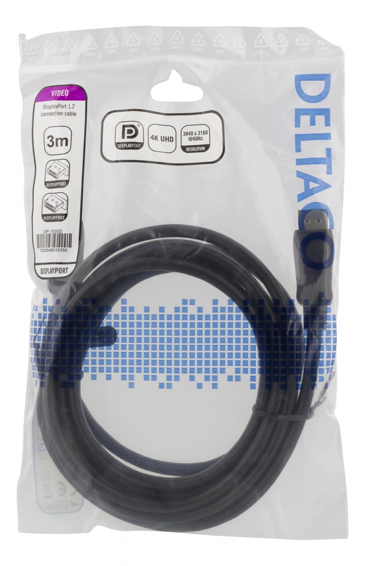 DELTACO DisplayPort-kabel, 3m, 4K UHD, DP 1.2, svart