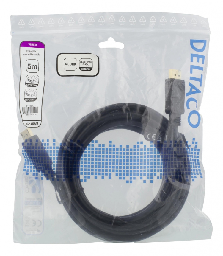 DELTACO DisplayPort-kabel, 5m, 4K UHD, DP 1.2, svart