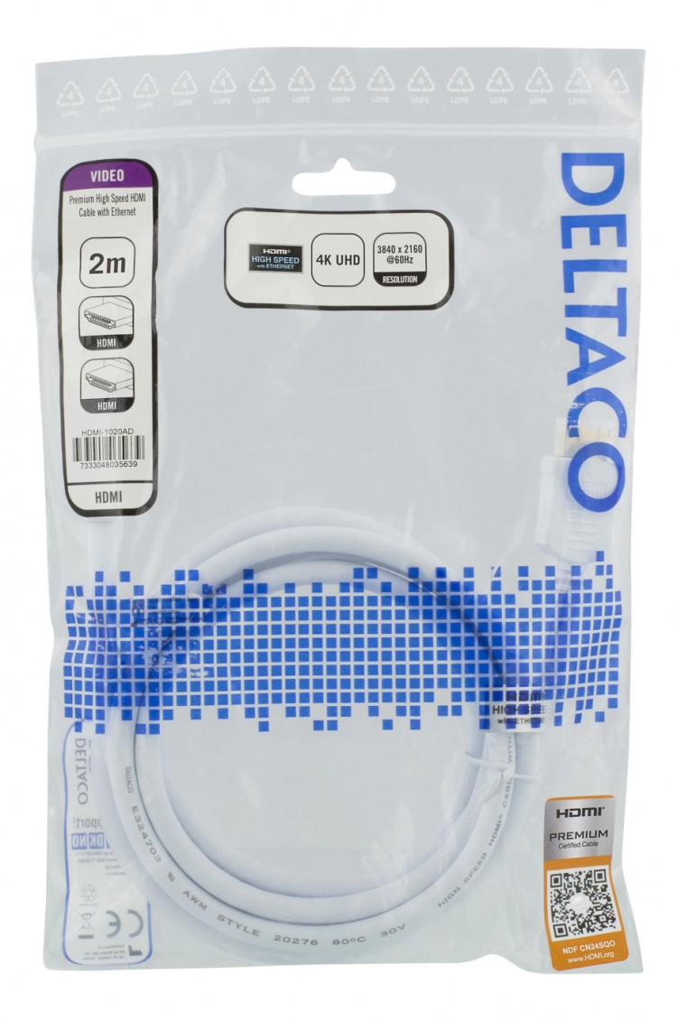 DELTACO High-Speed Premium HDMI-kabel, 2m, Ethernet, 4K UHD, vit DELTACO High-Speed Premium HDMI-kabel, 2m, Ethernet, 4K UHD, vit