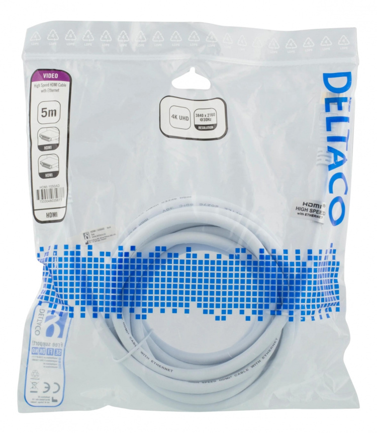 DELTACO High-Speed HDMI-kabel, 5m, Ethernet, 4K UHD, vit
