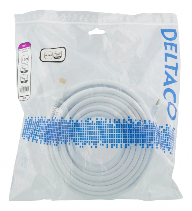 DELTACO High-Speed HDMI-kabel, 15m, Ethernet, 4K UHD, vit