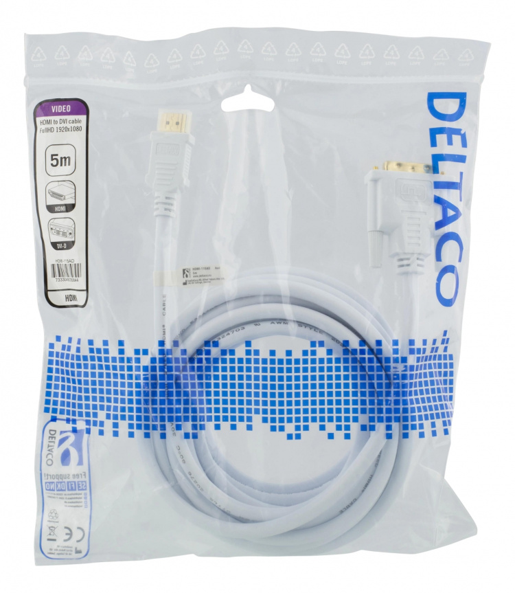 DELTACO HDMI till DVI-kabel, 5m, Full HD, vit