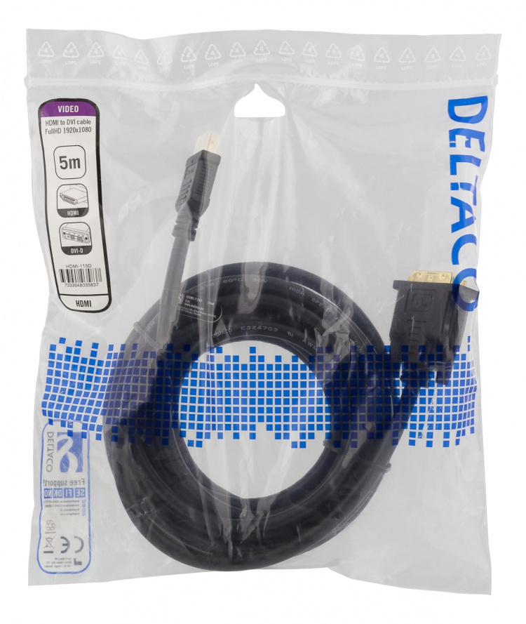 DELTACO HDMI till DVI-kabel, 5m, Full HD, svart