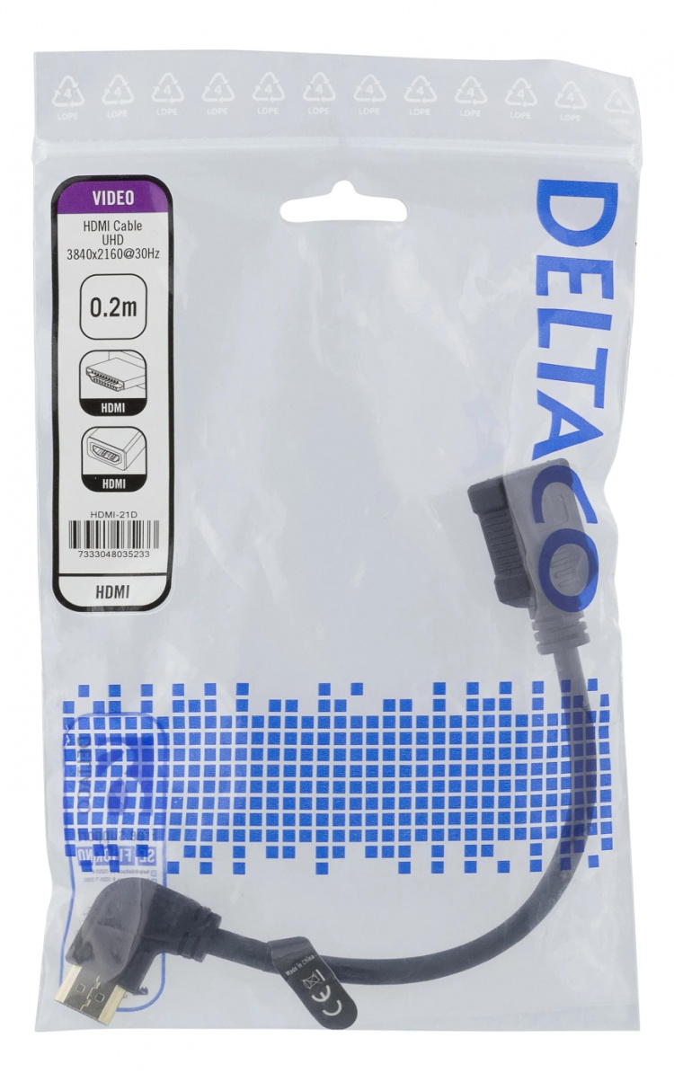 DELTACO Flexibel HDMI-adapter, 0,2 m, vinklad höger, HDMI M/F, UHD, sv DELTACO Flexibel HDMI-adapter, 0,2 m, vinklad höger, HDMI M/F, UHD, sv