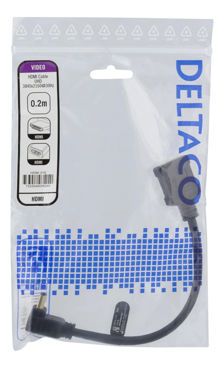 DELTACO Flexibel HDMI-adapter, 0,2 m, vinklad ner, HDMI M/F, UHD, svar