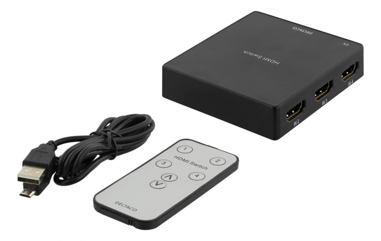 DELTACO HDMI Switch med fjärrkontroll, 4 källor, 4K-stöd, HDCP 1.4