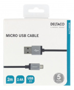 DELTACO USB-kabel, Tygklädd, Typ A ha - Typ Micro B, 2m, Svart