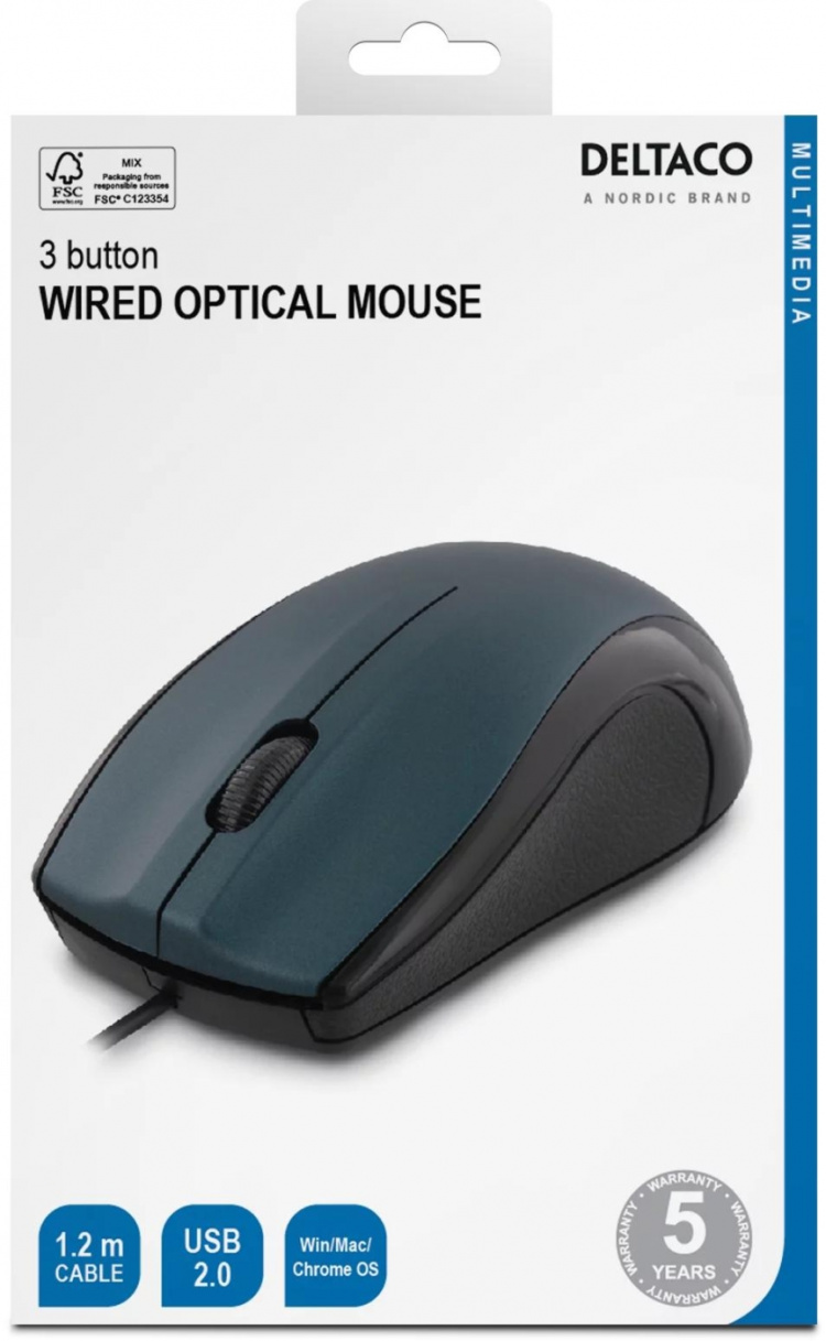 DELTACO trådad optisk mus, 3 knappar med scroll, 1200 DPI, blå