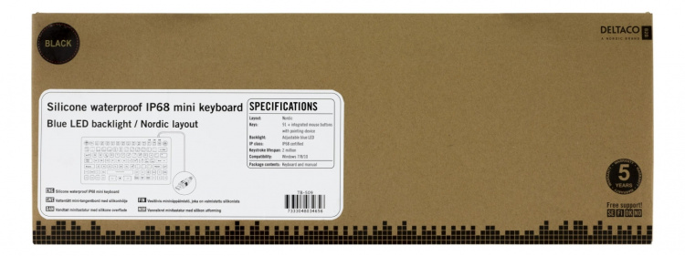 DELTACO Mini tangentbord i silikon, spillsäker, blå LED, IP68, svart DELTACO Mini tangentbord i silikon, spillsäker, blå LED, IP68, svart