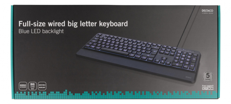 DELTACO Fullstort tangentbord med extra stora tecken, blå LED, USB, sv DELTACO Fullstort tangentbord med extra stora tecken, blå LED, USB, sv