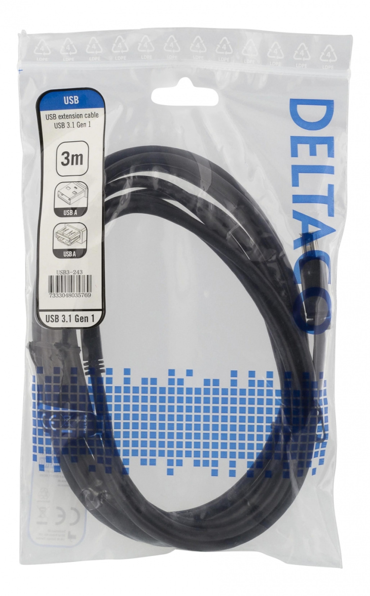 DELTACO USB 3.1 Gen1 Förlängningskabel, 3m, USB-A hane till USB-A hona DELTACO USB 3.1 Gen1 Förlängningskabel, 3m, USB-A hane till USB-A hona