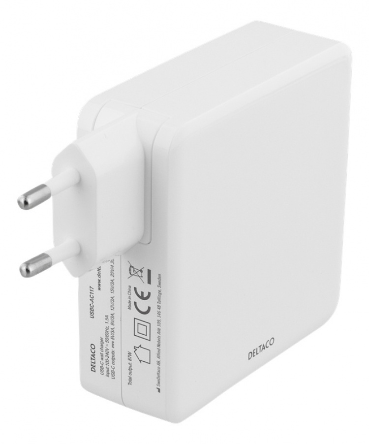 DELTACO 87W USB-C Nätadapter, snabbladdning, USB-C PD, vit DELTACO 87W USB-C Nätadapter, snabbladdning, USB-C PD, vit