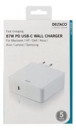 DELTACO 87W USB-C Nätadapter, snabbladdning, USB-C PD, vit DELTACO 87W USB-C Nätadapter, snabbladdning, USB-C PD, vit
