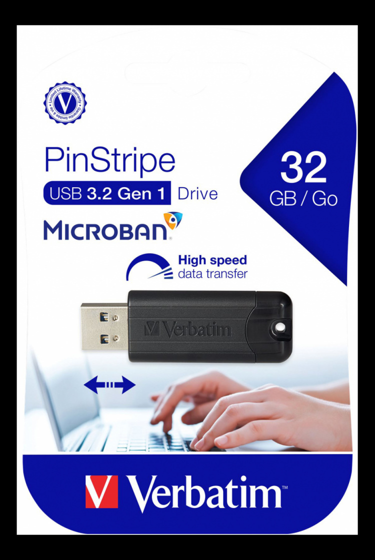 Verbatim PinStripe USB-minne, 32 GB, USB 3.0, utdragbar kontakt, svart Verbatim PinStripe USB-minne, 32 GB, USB 3.0, utdragbar kontakt, svart