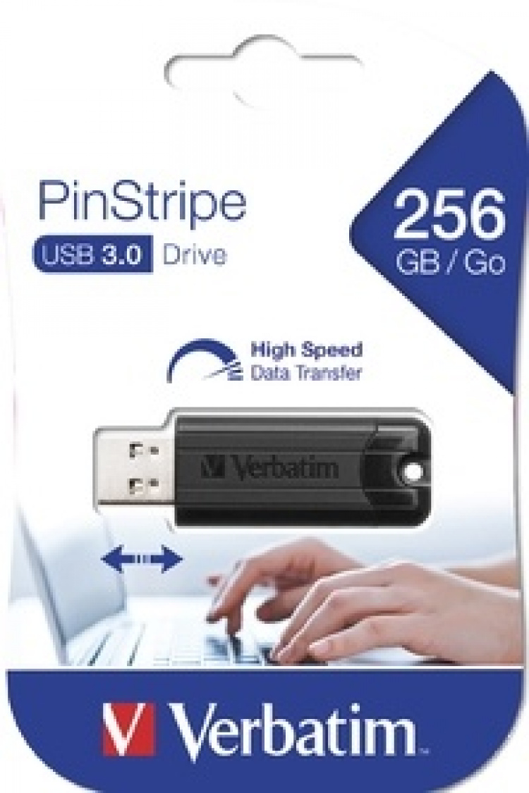 Verbatim PinStripe 256GB USB-minne, USB 3.0, skjut- och drag-funktion,