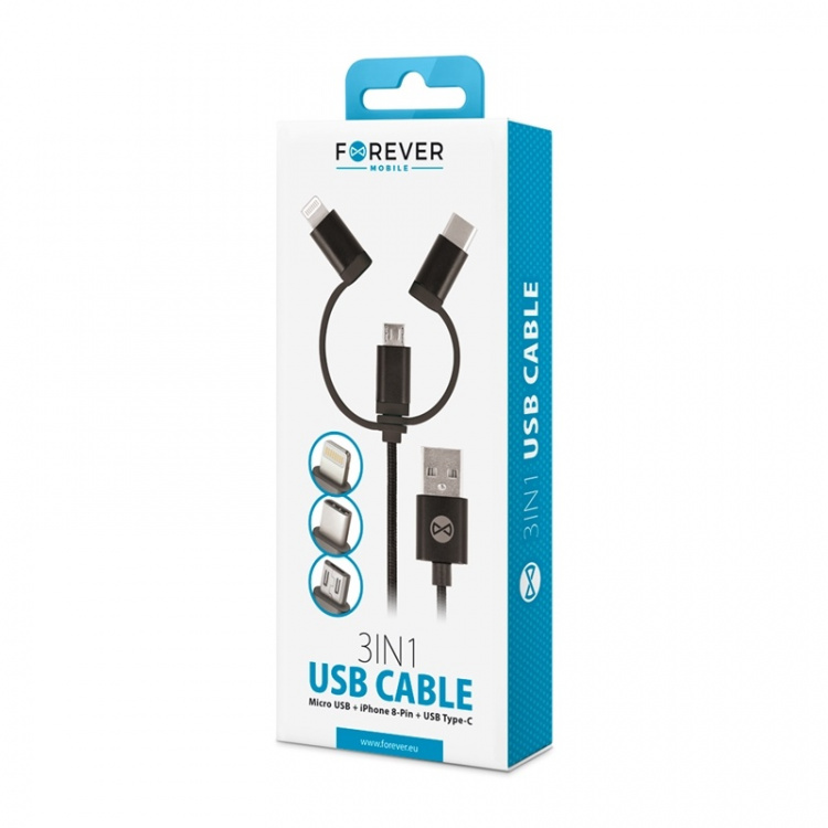 Forever 3in1 nylon microUSB + Lightning + USB typ-C Svart Forever 3in1 nylon microUSB + Lightning + USB typ-C Svart
