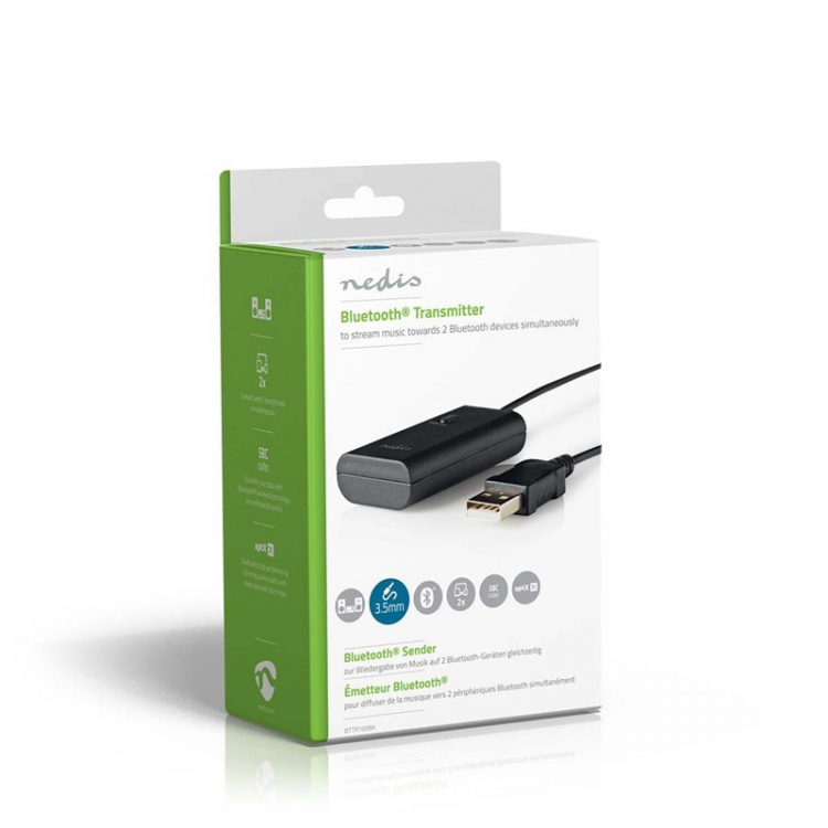 Nedis Bluetooth®-sändare | Ingång för audio/video/dataanslutningar: 1x 3.5 mm | AptX ™ Low latency / AptX™ / SBC | Up to 2 Devices | Svart