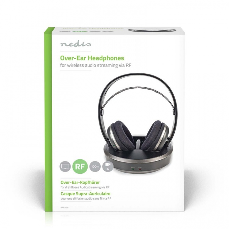 Nedis Trådlösa TV-hörlurar | RF, frequency 868 Mhz | Over-Ear | Maximal batteritid: 11 timmar | 100 m | Digitalt ljud | Batteri docka | Silver / Svart Nedis Trådlösa TV-hörlurar | RF, frequency 868 Mhz | Over-Ear | Maximal batteritid: 11 timmar | 100 m | Digitalt ljud | Batteri docka | Silver / Svart