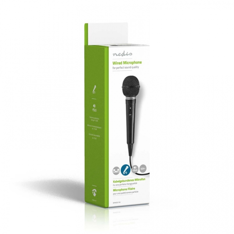 Nedis Mikrofon | Kardioid | Fast kabel | 5.00 m | 80 Hz - 12 kHz | 600 Ohm | -75 dB | På / av-knapp | ABS | Svart