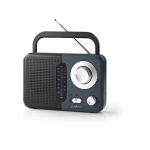Nedis FM-radio | Portabel design | FM | Batteridriven / Strömadapter | Analog | 2.4 W | Svart Vit Skärm | Hörlursuttag | IP20 | Handtag | Grå / Svart