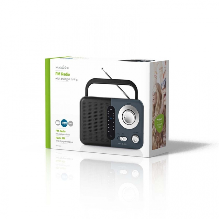 Nedis FM-radio | Portabel design | FM | Batteridriven / Strömadapter | Analog | 2.4 W | Svart Vit Skärm | Hörlursuttag | IP20 | Handtag | Grå / Svart