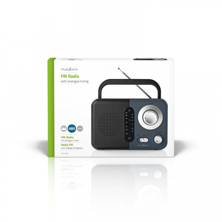 Nedis FM-radio | Portabel design | FM | Batteridriven / Strömadapter | Analog | 2.4 W | Svart Vit Skärm | Hörlursuttag | IP20 | Handtag | Grå / Svart