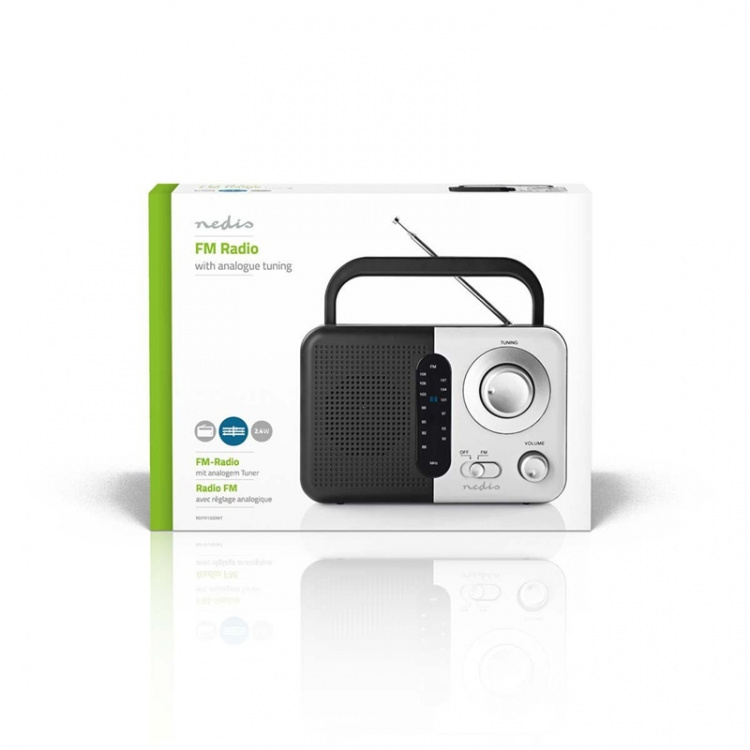 Nedis FM-radio | Portabel design | FM | Batteridriven / Strömadapter | Analog | 2.4 W | Svart Vit Skärm | Hörlursuttag | Bärhandtag | Svart / Vit