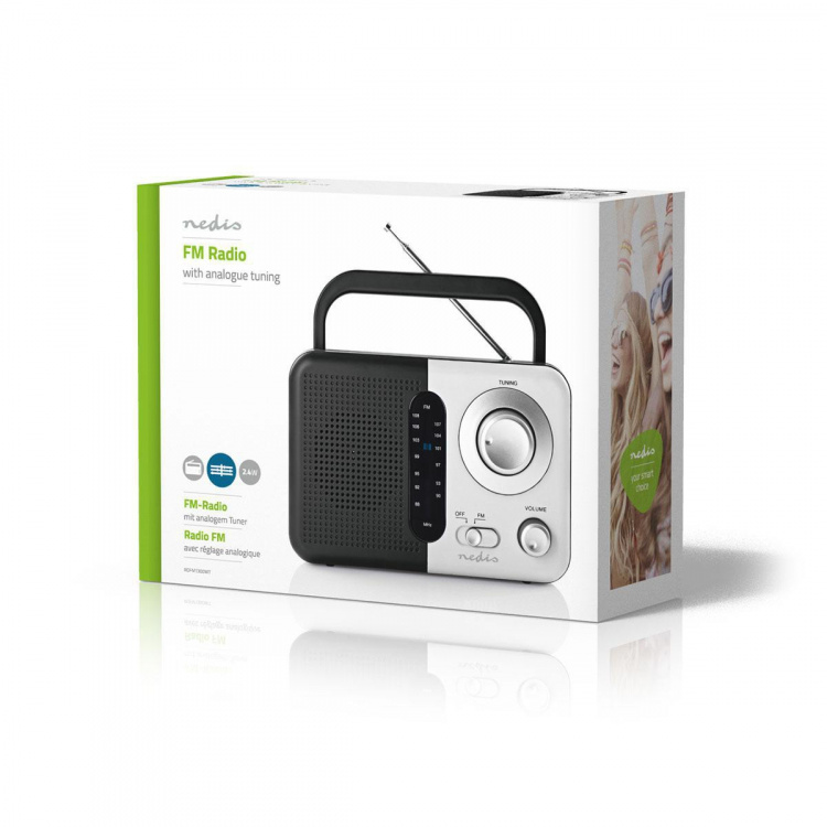 Nedis FM-radio | Portabel design | FM | Batteridriven / Strömadapter | Analog | 2.4 W | Svart Vit Skärm | Hörlursuttag | Bärhandtag | Svart / Vit