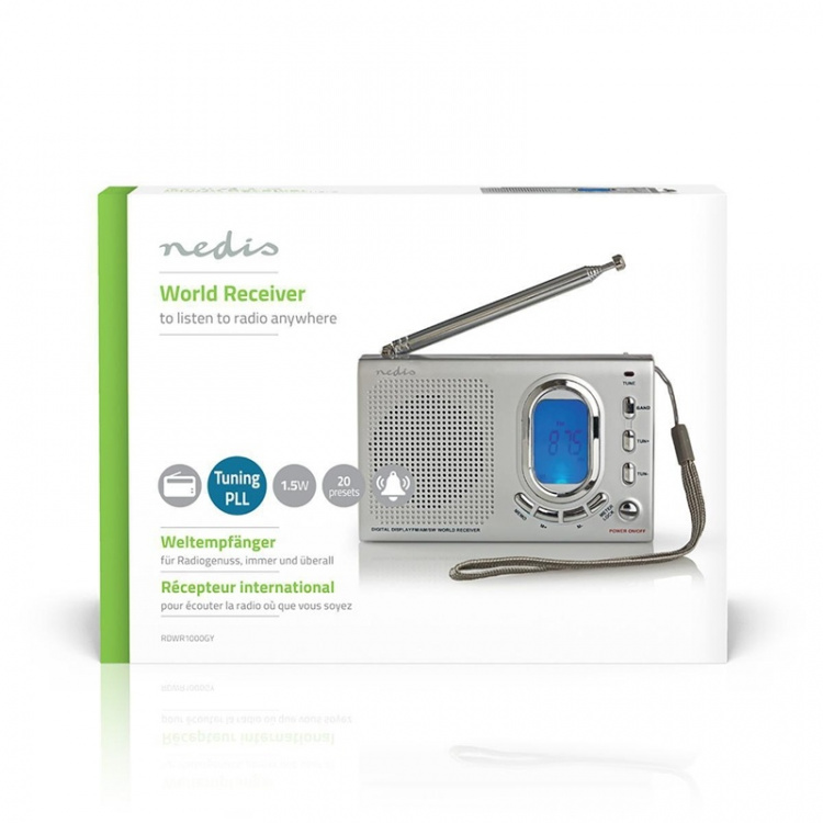 Nedis Världs radio | Portabel design | AM / FM / SW | Batteridriven / Strömadapter | Digital | 1.5 W | Hörlursuttag | Väckarklocka | Sov timer | Grå