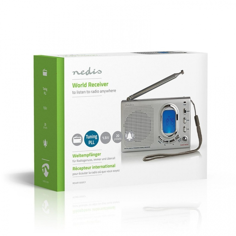 Nedis Världs radio | Portabel design | AM / FM / SW | Batteridriven / Strömadapter | Digital | 1.5 W | Hörlursuttag | Väckarklocka | Sov timer | Grå