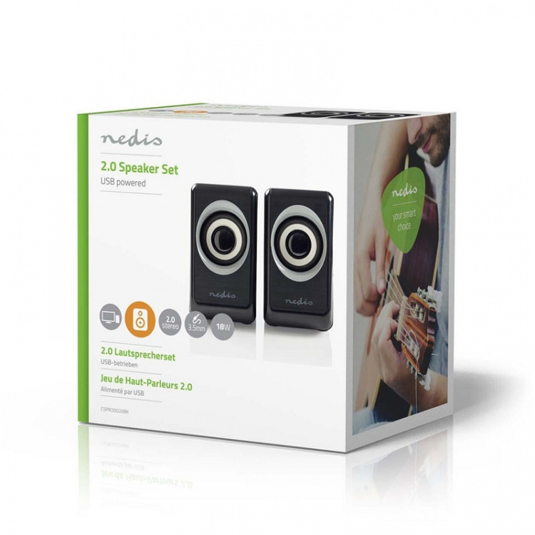Nedis PC-högtalare | 2.0 | 18 W | 3.5 mm Hane | USB ström | Volymkontroll | Anslutningsutgång Nedis PC-högtalare | 2.0 | 18 W | 3.5 mm Hane | USB ström | Volymkontroll | Anslutningsutgång