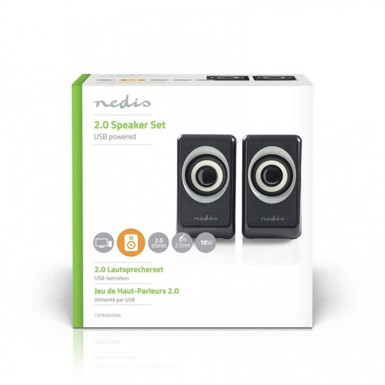 Nedis PC-högtalare | 2.0 | 18 W | 3.5 mm Hane | USB ström | Volymkontroll | Anslutningsutgång Nedis PC-högtalare | 2.0 | 18 W | 3.5 mm Hane | USB ström | Volymkontroll | Anslutningsutgång