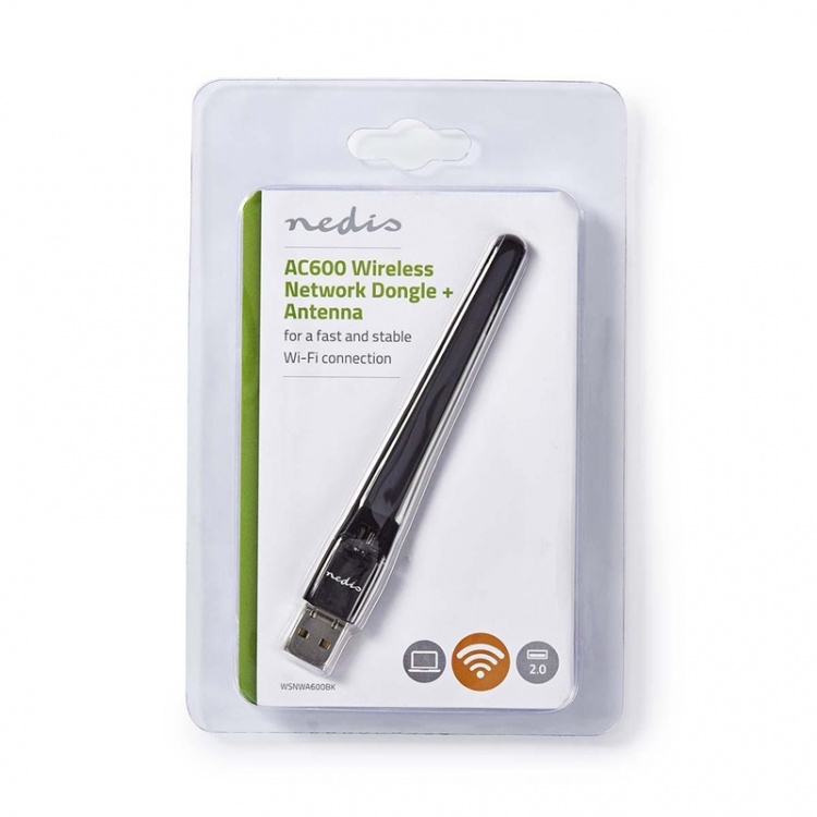 Nedis Nätverks dongle | Wi-Fi | AC600 | 2.4/5 GHz (Dual Band) | USB2.0 | Wi-Fi hastighet total: 600 Mbps | Windows 10 / Windows 7 / Windows 8