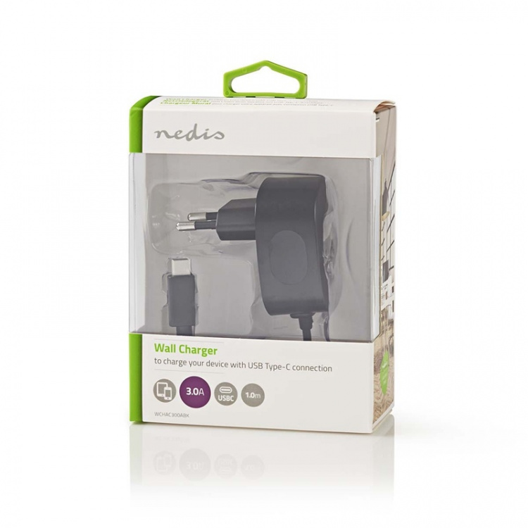 Nedis Väggladdare | 15 W | Snabbladdnings funktion | 1x 3.0 A | Antal utgångar: 1 | USB-C™ (Fast) Kabel | 1.50 m | Single Voltage Output | Svart