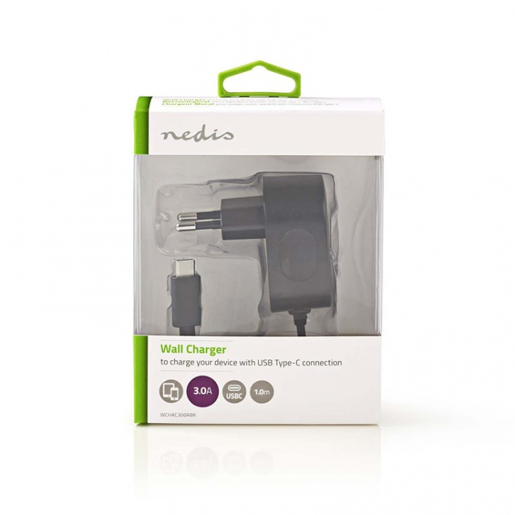Nedis Väggladdare | 15 W | Snabbladdnings funktion | 1x 3.0 A | Antal utgångar: 1 | USB-C™ (Fast) Kabel | 1.50 m | Single Voltage Output | Svart