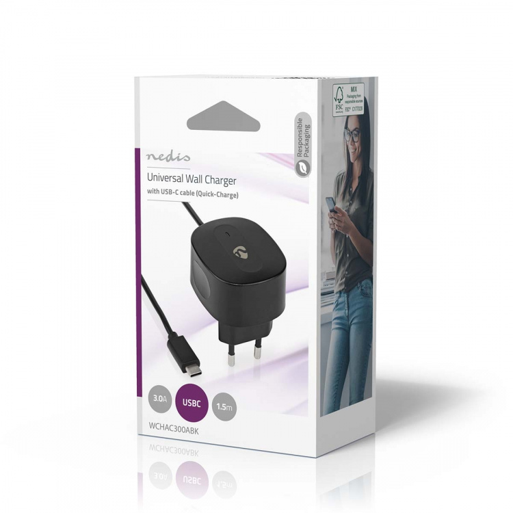 Nedis Väggladdare | 15 W | Snabbladdnings funktion | 1x 3.0 A | Antal utgångar: 1 | USB-C™ (Fast) Kabel | 1.50 m | Single Voltage Output | Svart