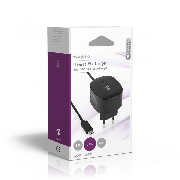 Nedis Väggladdare | 15 W | Snabbladdnings funktion | 1x 3.0 A | Antal utgångar: 1 | USB-C™ (Fast) Kabel | 1.50 m | Single Voltage Output | Svart