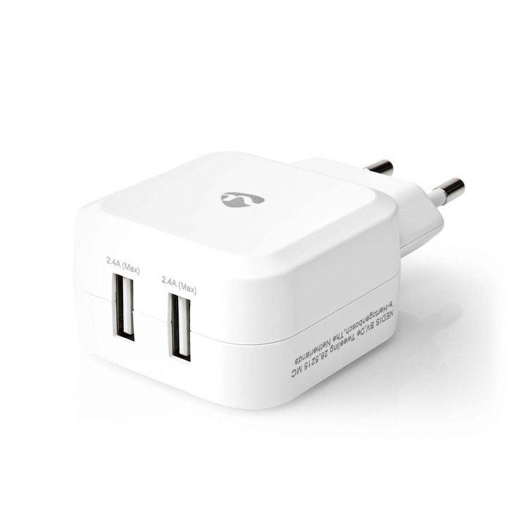Nedis Väggladdare | 24 W | Snabbladdnings funktion | 2x 2.4 A A | Antal utgångar: 2 | 2x USB-A | Utan kabel | Single Voltage Output | Vit