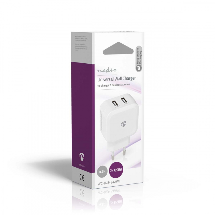Nedis Väggladdare | 24 W | Snabbladdnings funktion | 2x 2.4 A A | Antal utgångar: 2 | 2x USB-A | Utan kabel | Single Voltage Output | Vit