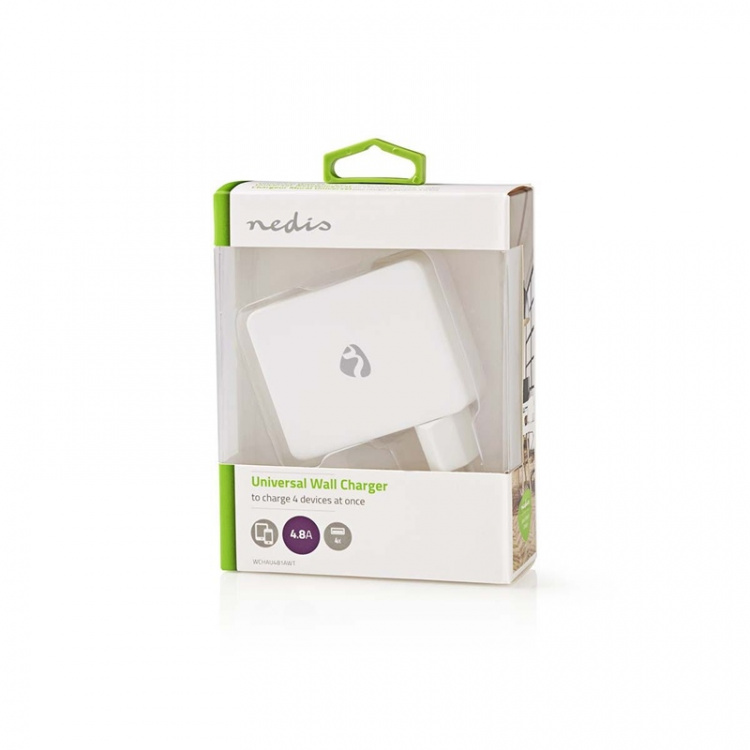 Nedis Väggladdare | 24 W | Snabbladdnings funktion | 4x 2.4 A | Antal utgångar: 4 | 4x USB-A | Utan kabel | Single Voltage Output | Vit