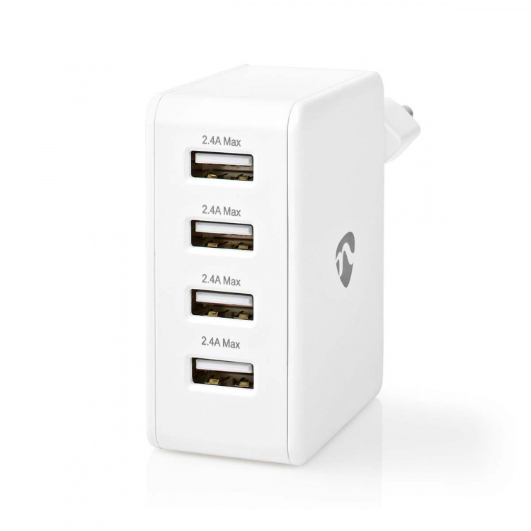 Nedis Väggladdare | 24 W | Snabbladdnings funktion | 4x 2.4 A | Antal utgångar: 4 | 4x USB-A | Utan kabel | Single Voltage Output | Vit