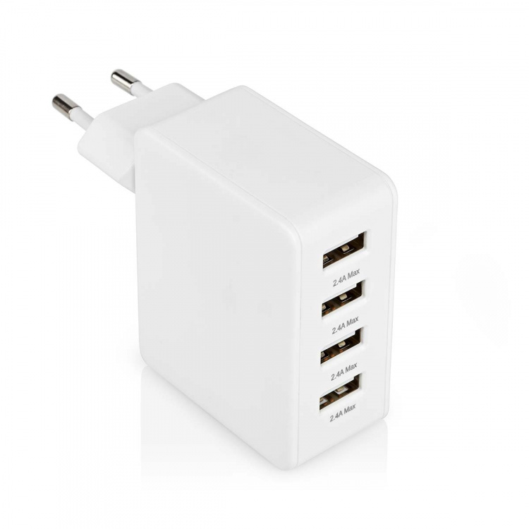 Nedis Väggladdare | 24 W | Snabbladdnings funktion | 4x 2.4 A | Antal utgångar: 4 | 4x USB-A | Utan kabel | Single Voltage Output | Vit