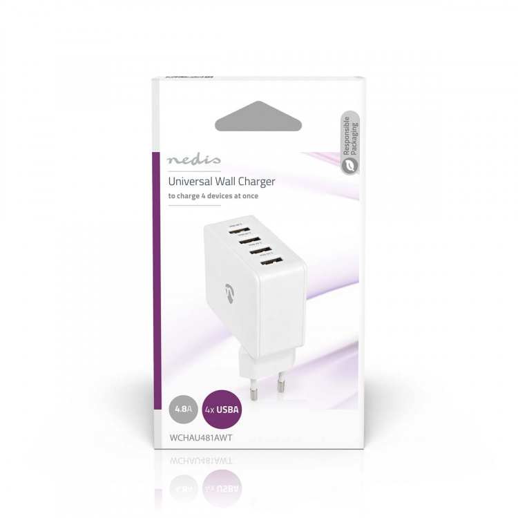 Nedis Väggladdare | 24 W | Snabbladdnings funktion | 4x 2.4 A | Antal utgångar: 4 | 4x USB-A | Utan kabel | Single Voltage Output | Vit